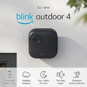 All-new Blink Outdoor 4 (4th Gen) – Wire-free smart security camera, two-year battery life, two-way audio, HD live view, enhanced motion detection, Works with Alexa – 3 camera system