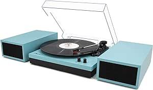 LP&No.1 Bluetooth Vinyl Record Player with External Speakers, 3-Speed Belt-Drive Turntable for Vinyl Albums with Auto Off and Bluetooth Input,Blue Leather