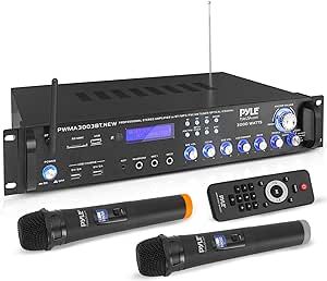 Pyle Bluetooth Home Audio Power Amplifier -4 Ch. 3000W, Stereo Receiver w/Speaker Selector, FM Radio, USB, Headphone, 2 Wireless Mics for Karaoke, Great for Home Entertainment System