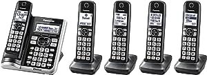 Panasonic Link2Cell Bluetooth Cordless Phone System with Voice Assistant, Call Block and Answering Machine, Expandable Home Phone with 5 Handsets a€“ KX-TGF575S (Black with Silver Trim)